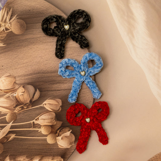 Handmade Crochet Velvet Hair Bow Clip Small Set 03